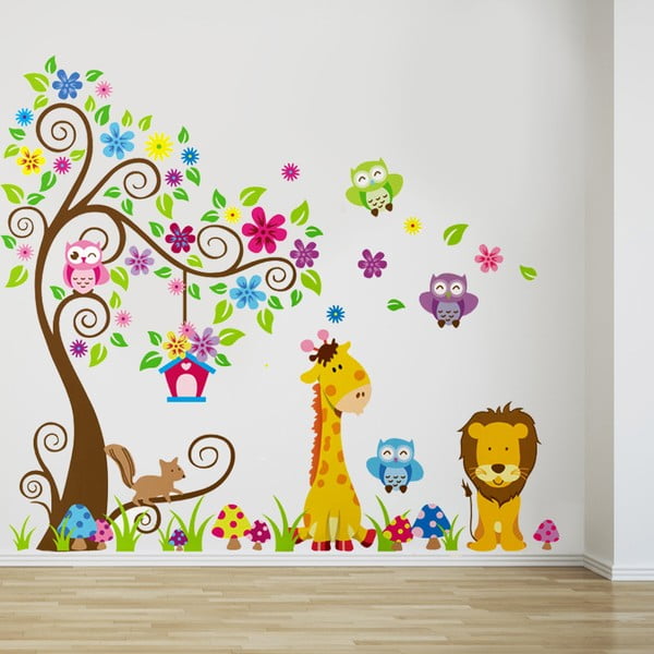 Naklejka ścienna Drzewo, żyrafa i lew, 60x90 cm