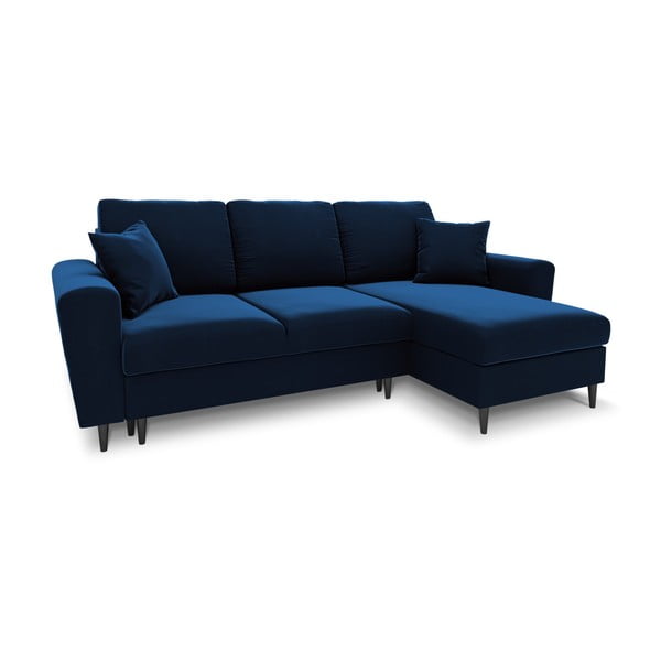 Niebieski aksamitny rozkładany narożnik ze schowkiem Kyoto – Cosmopolitan Design