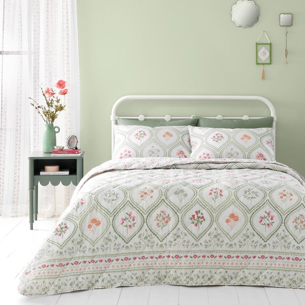 Zielona/kremowa narzuta na łóżko dwuosobowe 220x230 cm Cameo Floral – Catherine Lansfield