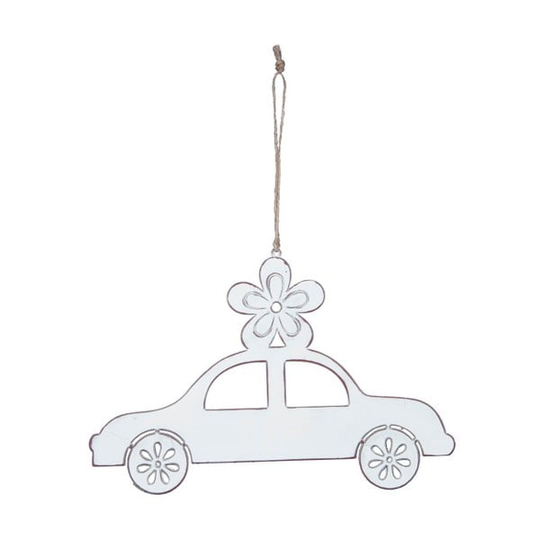 Duża biała dekoracja wisząca metalowa w kształcie autka z motywem autka Ego Dekor, 24x16 cm