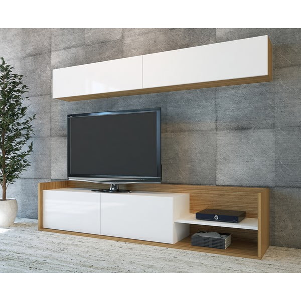 Biały zestaw pod TV w dekorze egzotycznego drewna 180x40 cm Kale – Kalune Design-image-2
