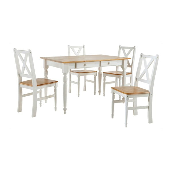 Komplet 4 białych krzeseł drewnianych z naturalnym siedziskiem i stołu do jadalni Støraa Normann, 105x80 cm