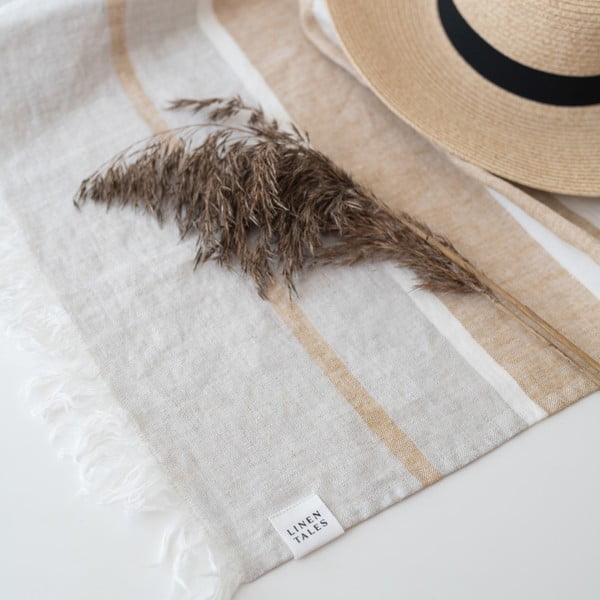 Beżowy lniany koc plażowy 140x170 cm Allure Stripe – Linen Tales-image-3