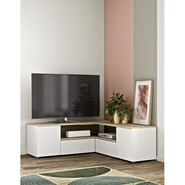 Biała szafka pod TV w dekorze dębu 130x46 cm Angle – TemaHome-image-1