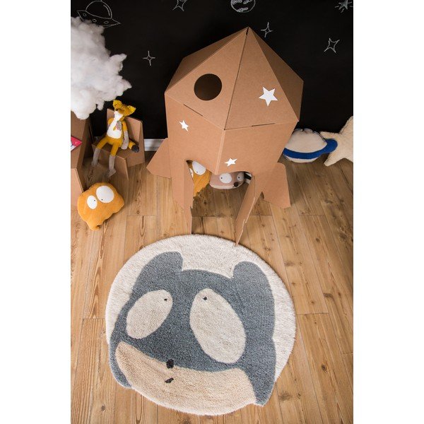 Szaro-kremowy wełniany dywan dziecięcy tkany ręcznie odpowiedni do prania ø100 cm Astromouse – Lorena Canals-image-1