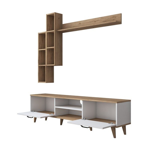 Biały zestaw pod TV w dekorze orzecha 180x48 cm Veronica – Kalune Design-image-3