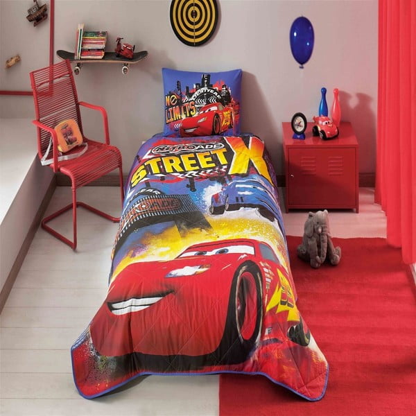 Dziecięca narzuta bawełniana z poszewką na poduszkę Taç Disney Cars Nitroade, 160x220 cm
