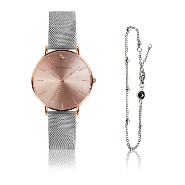 Komplet zegarka damskiego i bransoletki ze stali nierdzewnej w barwie różowego złota Emily Westwood Rose