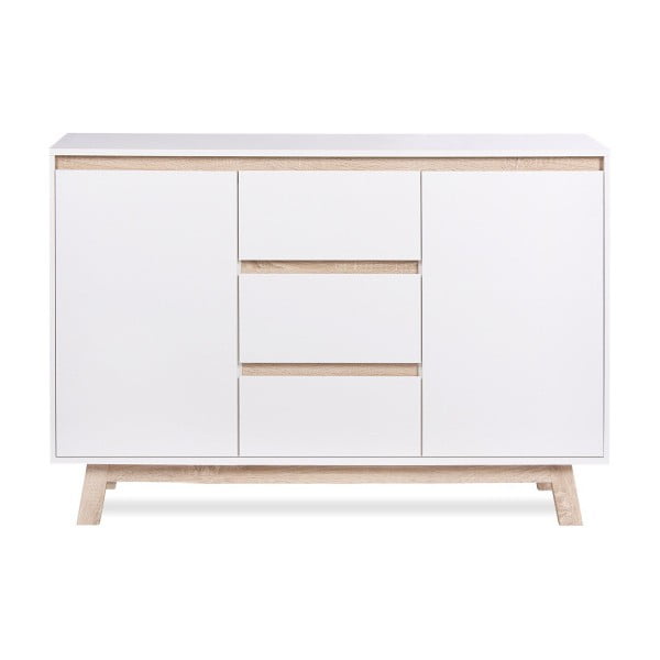 Biała szafka 2-drzwiowa z 3 szufladami i elementami w kolorze dębu Intertrade Apart