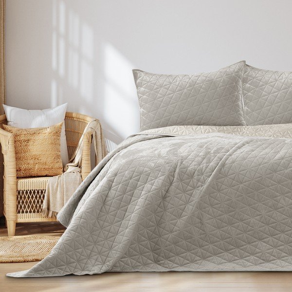 Szarobeżowa aksamitna narzuta pikowana 220x240 cm Laila – Restilo-image-1