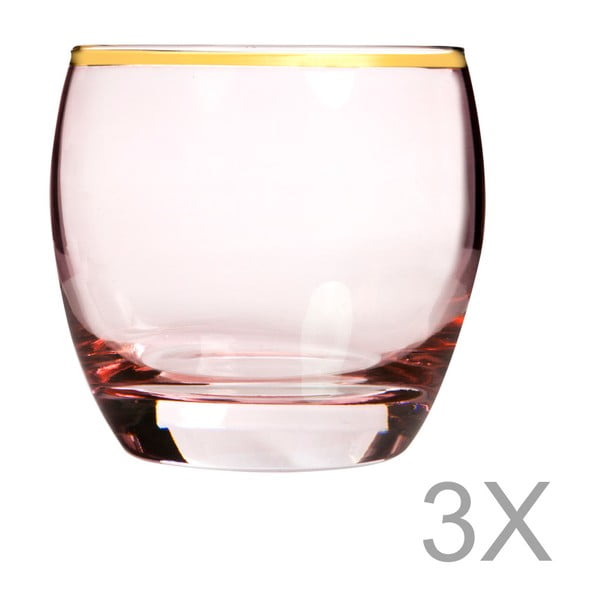 Zestaw 3 różowych szklanek ze złotą krawędzią Mezzo, 200 ml