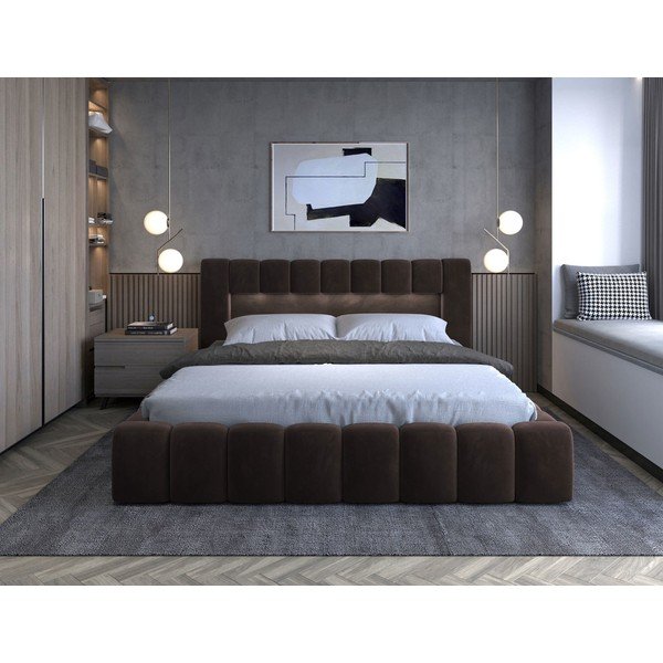 Ciemnobrązowe tapicerowane łóżko dwuosobowe ze schowkiem ze stelażem 160x200 cm Lamica – ELTAP-image-2