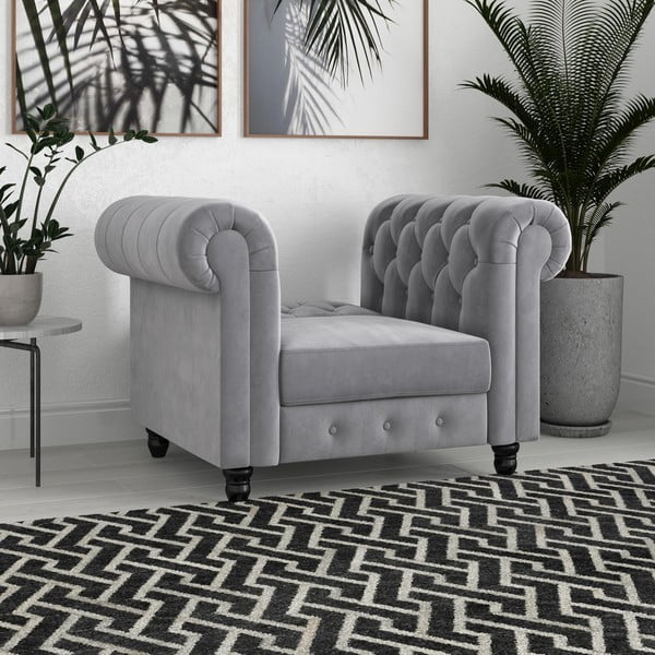 Jasnoszary aksamitny fotel typu chesterfield Felix – Støraa-image-1