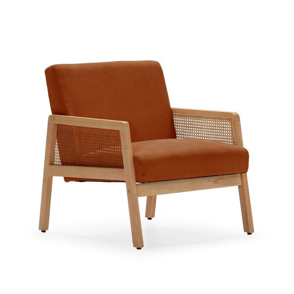 Ceglasty sztruksowy fotel z plecionką Debra – Marckeric