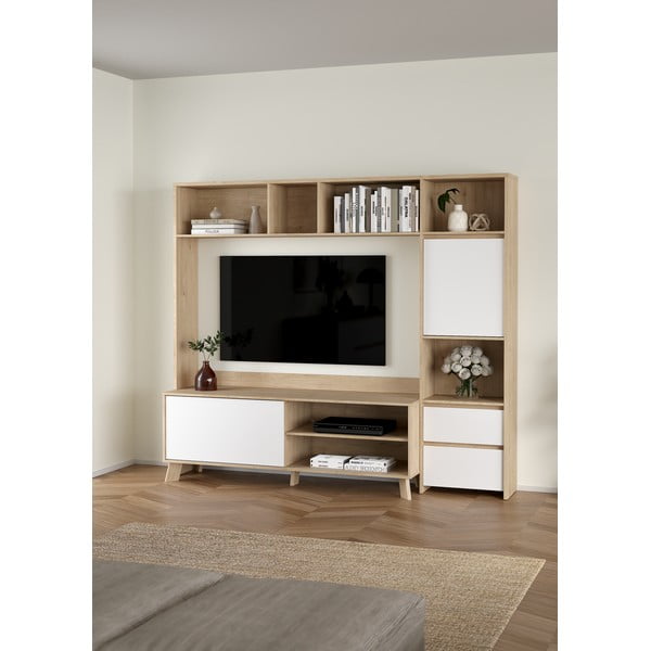 Biało-naturalny zestaw pod TV w dekorze dębu 209x183x48 cm Next – Tvilum-image-2