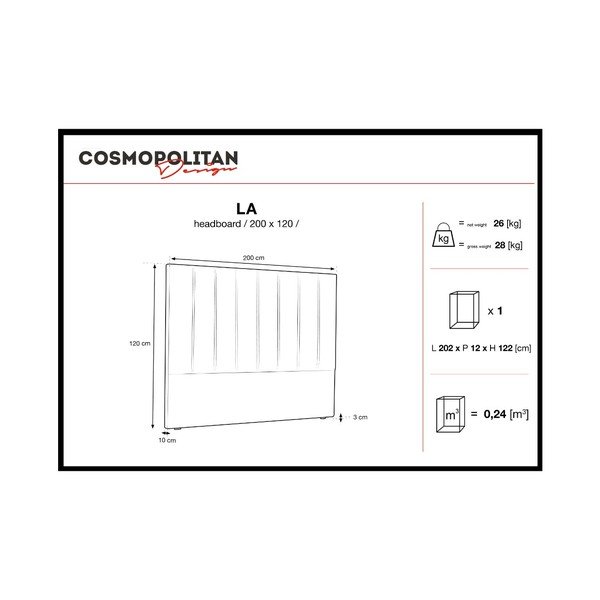 Kremowobiały zagłówek łóżka Cosmopolitan Design Los Angeles, szer. 200 cm-image-4