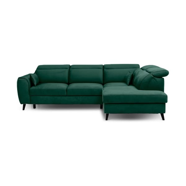 Zielony aksamitny rozkładany/ze schowkiem narożnik (prawostronny/w kształcie litery L) Noble – ELTAP