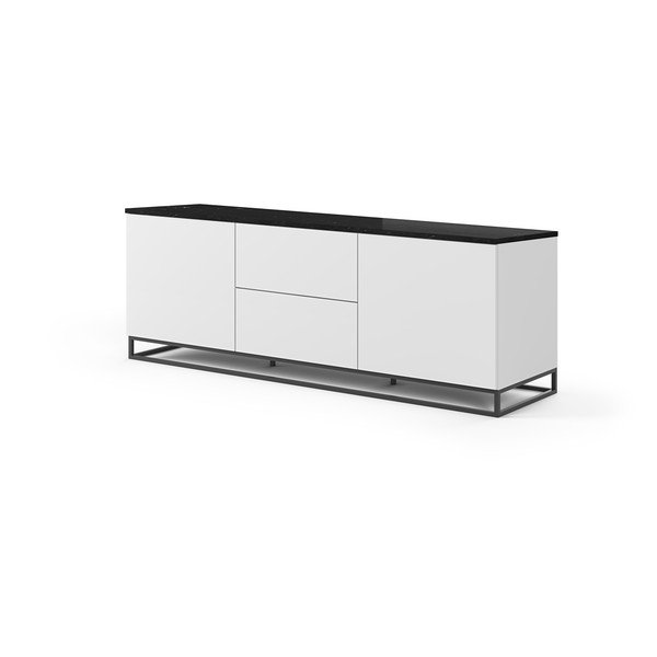 Biała szafka pod TV z ciemnym blatem w dekorze marmuru i czarnymi nogami TemaHome Join, 180x65 cm-image-2