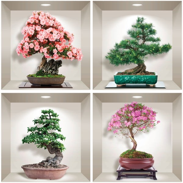 Komplet 4 naklejek ściennych 3D Ambiance Bonsai of Seasons-image-1