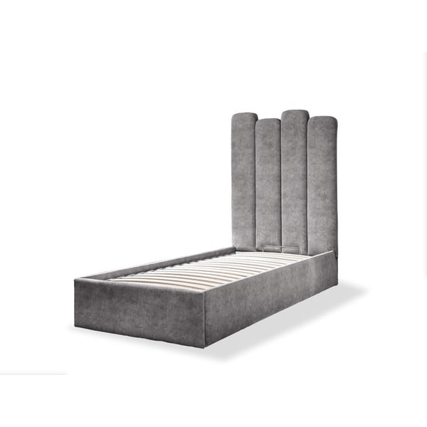 Szare tapicerowane łóżko jednoosobowe ze schowkiem i stelażem 90x200 cm Dreamy Aurora – Miuform