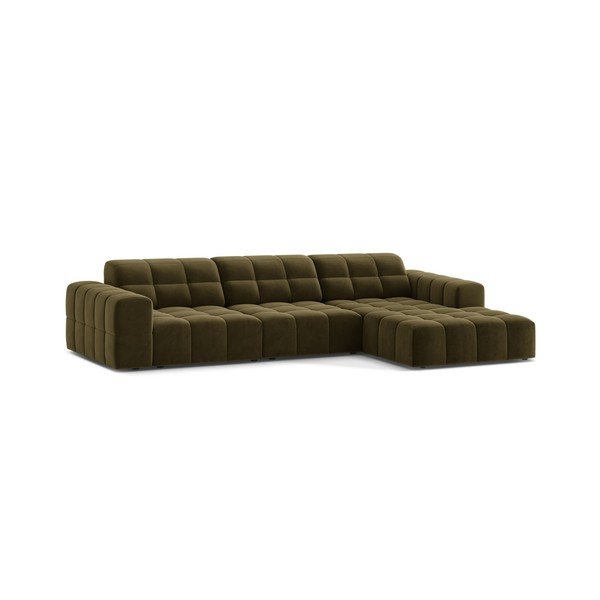 Aksamitny narożnik (prawostronny/z szezlongiem) w kolorze khaki Chicago – Cosmopolitan Design-image-1