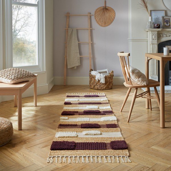 Fioletowo-naturalny chodnik z mieszanki juty tkany ręcznie 60x230 cm Medina Blocks – Flair Rugs-image-1