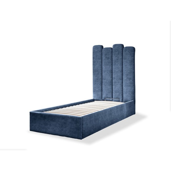 Niebieskie tapicerowane łóżko jednoosobowe ze schowkiem i stelażem 90x200 cm Dreamy Aurora – Miuform