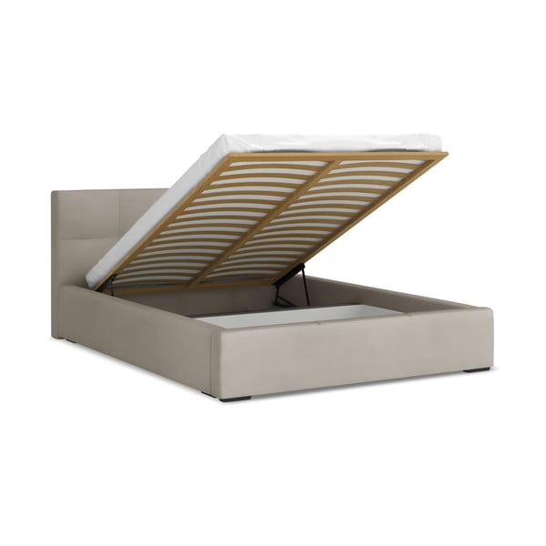 Szarobrązowe aksamitne tapicerowane łóżko dwuosobowe ze schowkiem ze stelażem 140x200 cm Hiko – Makamii-image-1