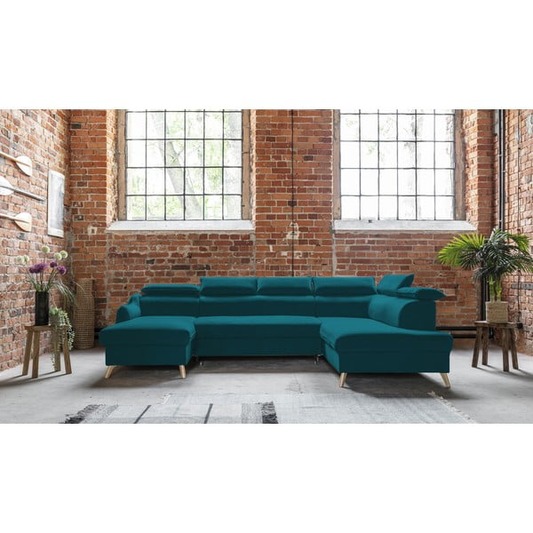 Turkusowy aksamitny rozkładany narożnik (prawostronny/w kształcie litery U) Sweet Harmony – Miuform-image-1