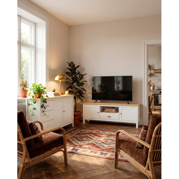 Biało-naturalna szafka pod TV z drewna sosnowego 158x53 cm Misti – Marckeric-image-1