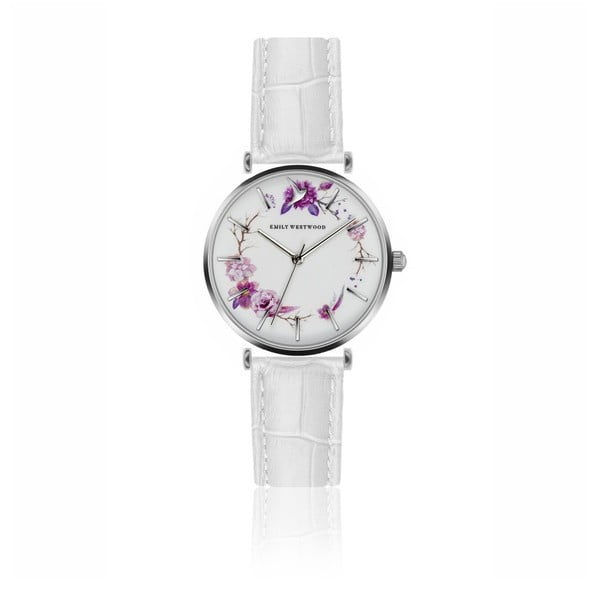 Zegarek damski z białym paskiem z prawdziwej skóry Emily Westwood Periwinkle