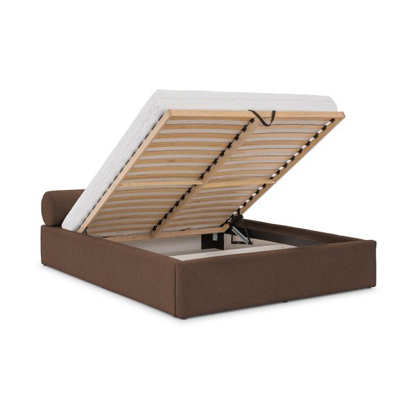 Brązowe tapicerowane łóżko dwuosobowe ze schowkiem i stelażem 160x200 cm Cille – Ropez-image-2