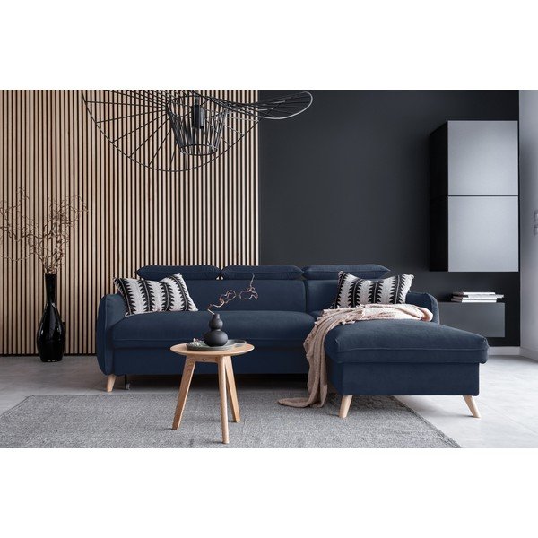 Ciemnoniebieski aksamitny rozkładany narożnik (prawostronny) Sweet Harmony – Miuform-image-1