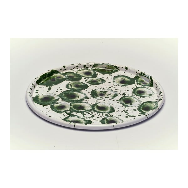 Zielono-biały talerz emaliowany Kapka Floral Madness, Ø 28 cm