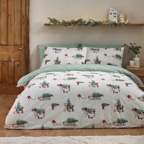 Zielona/w naturalnym kolorze flanelowa pościel dwuosobowa 200x200 cm Brushed Christmas Dogs – Catherine Lansfield