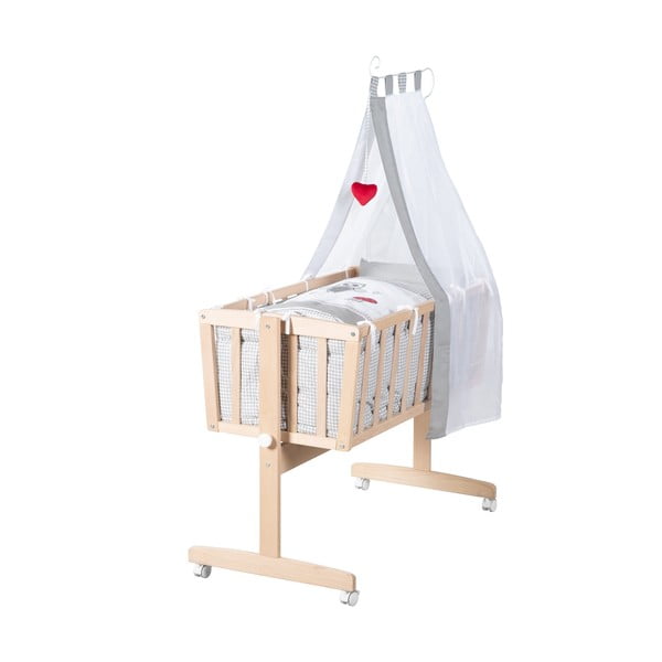 Kołyska z litego drewna bukowego na kółkach/z baldachimem 40x90 cm w naturalnym kolorze Adam and Owl – Roba