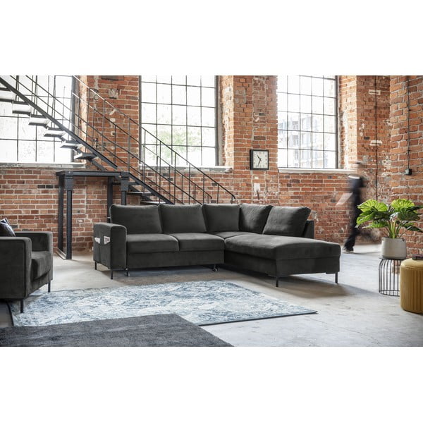 Ciemnoszary aksamitny rozkładany narożnik (prawostronny) Lofty Lilly – Miuform-image-4