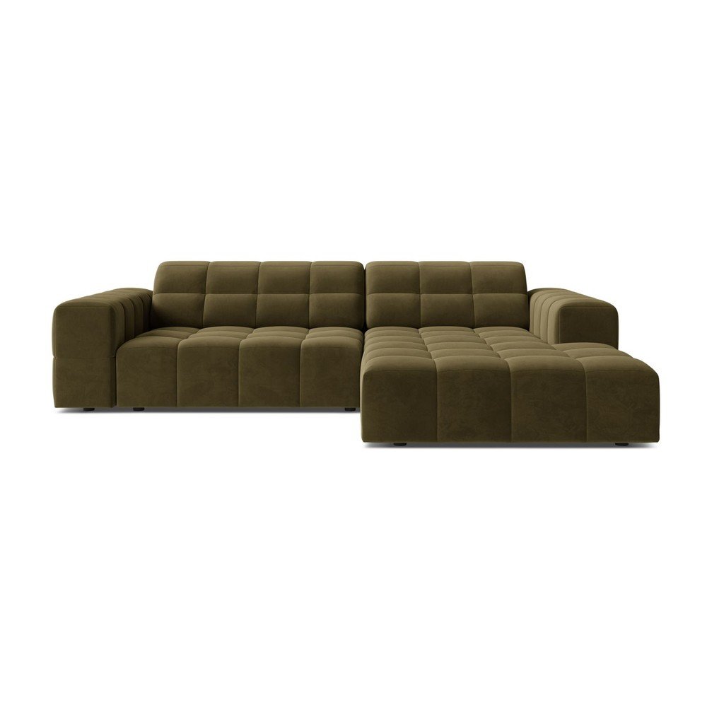 Aksamitny narożnik (prawostronny/z szezlongiem) w kolorze khaki Chicago – Cosmopolitan Design