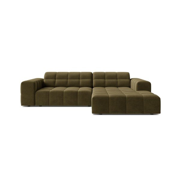 Aksamitny narożnik (prawostronny/z szezlongiem) w kolorze khaki Chicago – Cosmopolitan Design