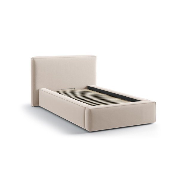 Beżowe tapicerowane łóżko jednoosobowe ze schowkiem i stelażem 90x200 cm Jodie – Micadoni -image-2