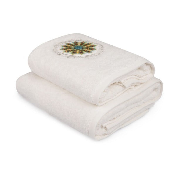Komplet białego ręcznika i białego ręcznika kąpielowego z kolorowym detalem Paon