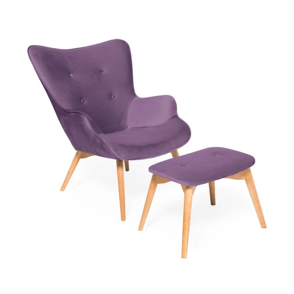 Fioletowy fotel z podnóżkiem i nogami w naturalnym kolorze Vivonita Cora Velvet