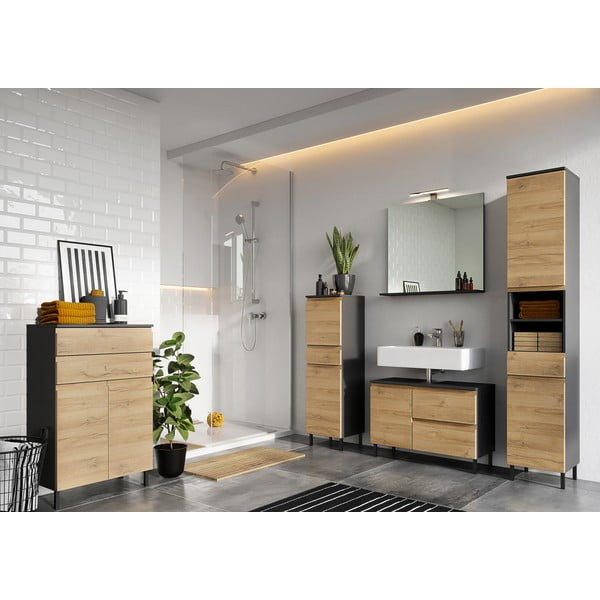 Ciemnoszara szafka pod umywalkę w dekorze dębu 80x56 cm Salinas – Germania-image-1