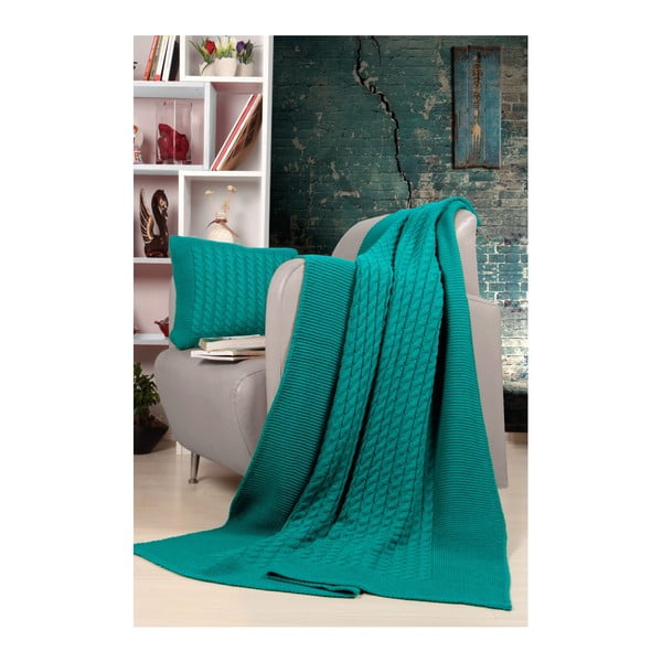 Zestaw turkusowej narzuty i poduszki Kate Louise Tricot Blanket Set Sultan