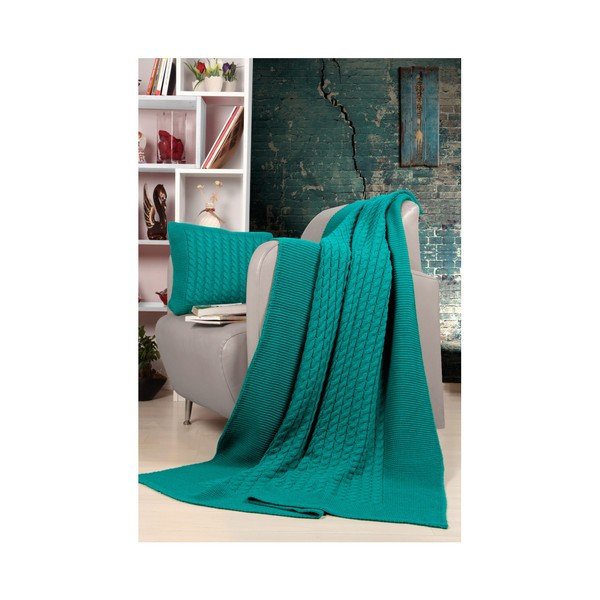 Zestaw turkusowej narzuty i poduszki Kate Louise Tricot Blanket Set Sultan