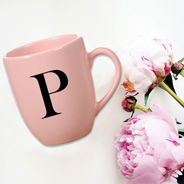 Różowy kubek ceramiczny Vivas Letter P, 330 ml