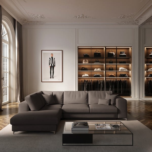 Szarobrązowy aksamitny rozkładany narożnik ze schowkiem (lewostronny/w kształcie litery L) Rene – Rodier-image-1