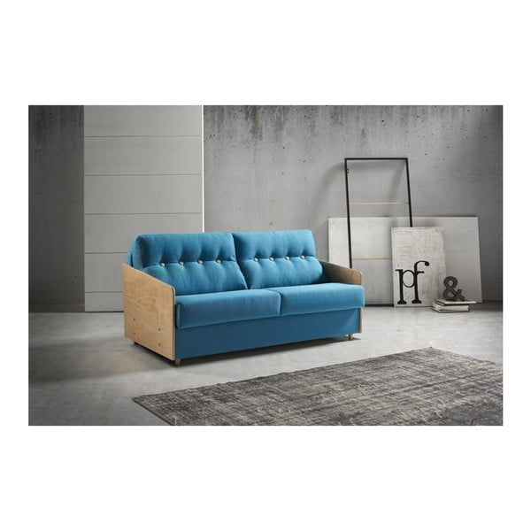 Niebieska sofa rozkładana z drewnianymi podłokietnikami Suinta Como, szer. 168 cm