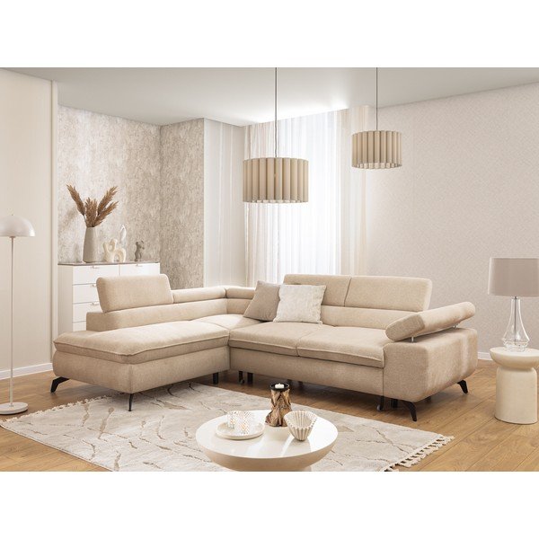 Beżowy narożnik z tkaniny szenilowej (lewostronny/w kształcie litery L) Marbeya  – Ropez-image-1