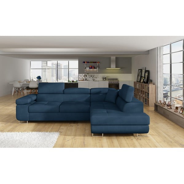 Niebieski aksamitny rozkładany/ze schowkiem narożnik (prawostronny/w kształcie litery L) Anton – ELTAP-image-1